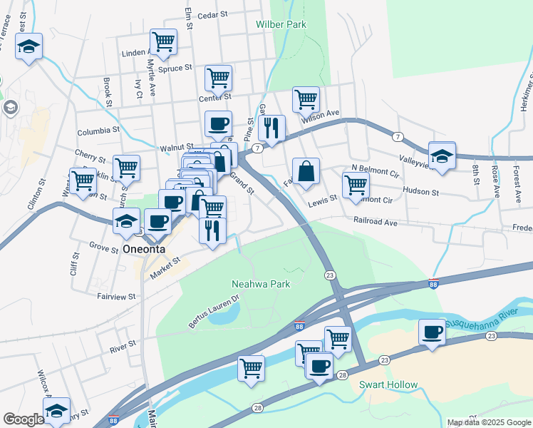 map of restaurants, bars, coffee shops, grocery stores, and more near 9 Division Street in Oneonta