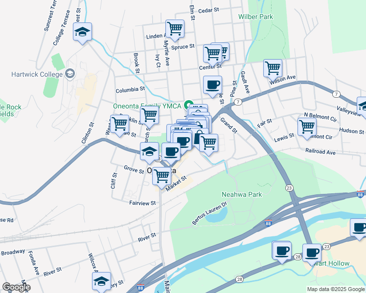 map of restaurants, bars, coffee shops, grocery stores, and more near 221 Main Street in Oneonta