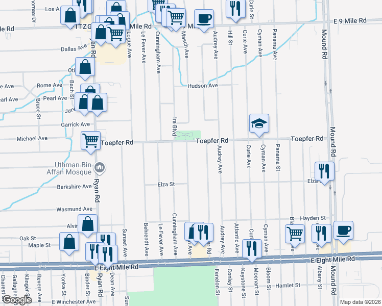 map of restaurants, bars, coffee shops, grocery stores, and more near 21614 Masch Avenue in Warren