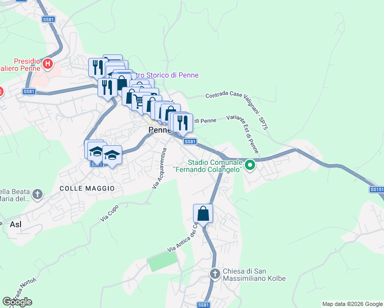 map of restaurants, bars, coffee shops, grocery stores, and more near 43 Viale Santo Spirito in Penne