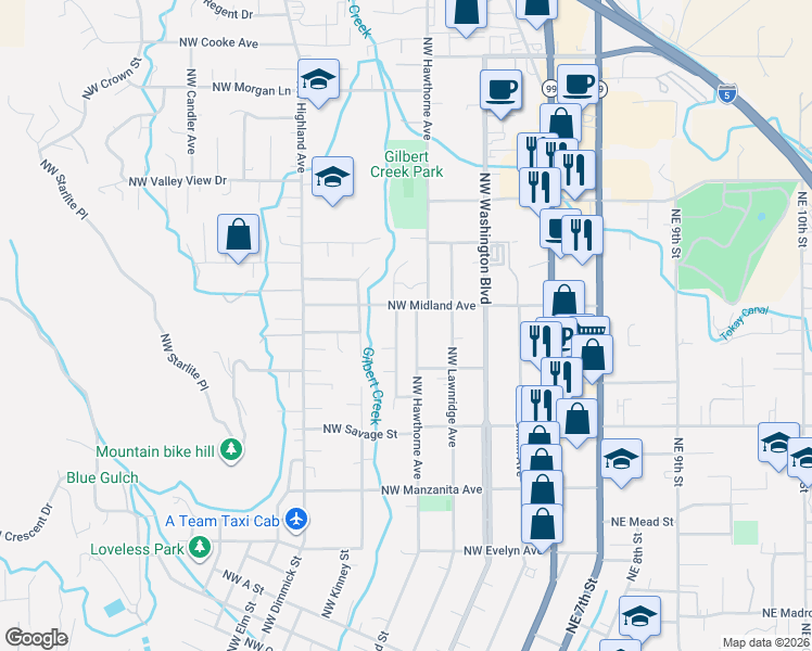 map of restaurants, bars, coffee shops, grocery stores, and more near 1434 Northwest Hawthorne Avenue in Grants Pass