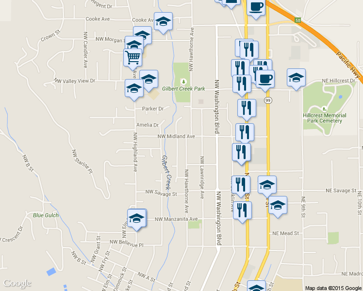 map of restaurants, bars, coffee shops, grocery stores, and more near 1434 Northwest Hawthorne Avenue in Grants Pass