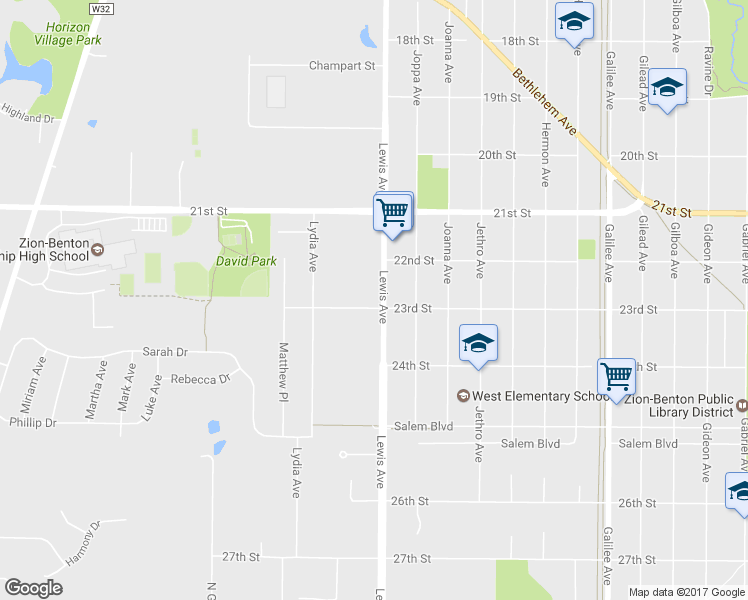 map of restaurants, bars, coffee shops, grocery stores, and more near 3100 23rd Street in Zion