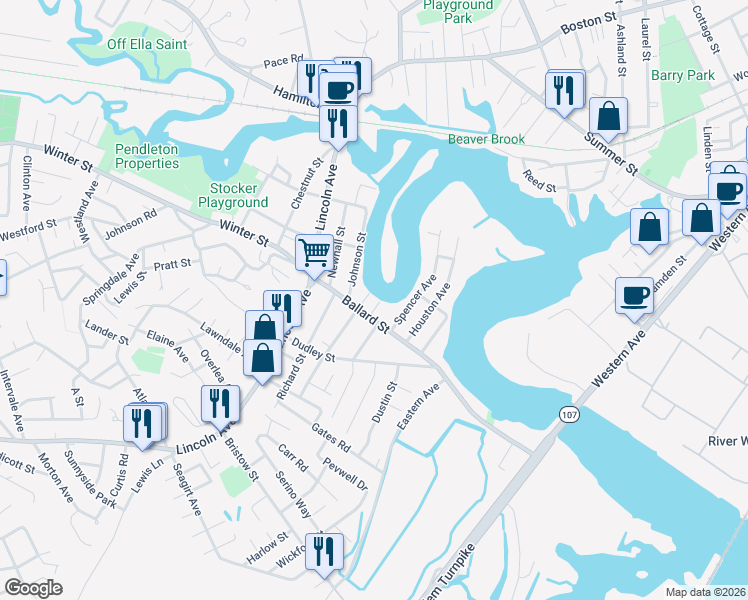 map of restaurants, bars, coffee shops, grocery stores, and more near 10 Yale Street in Saugus