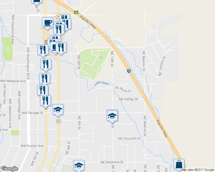 map of restaurants, bars, coffee shops, grocery stores, and more near 970 Northeast Dewey Drive in Grants Pass