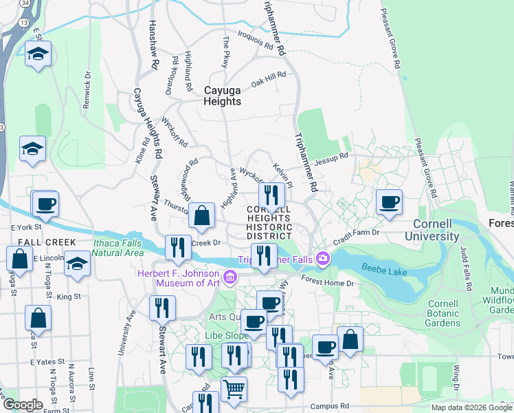 map of restaurants, bars, coffee shops, grocery stores, and more near 5 Lodge Way in Ithaca
