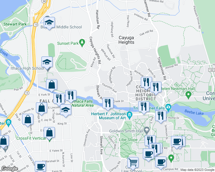 map of restaurants, bars, coffee shops, grocery stores, and more near 117 Thurston Avenue in Ithaca