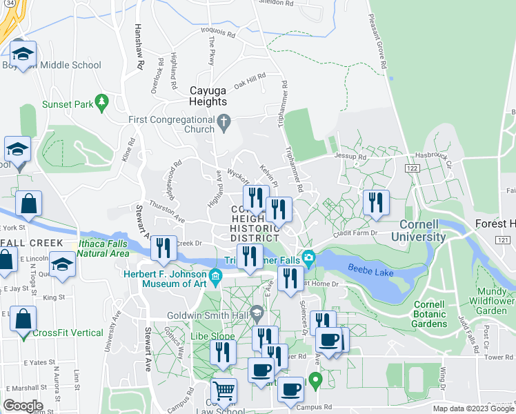 map of restaurants, bars, coffee shops, grocery stores, and more near 205 Wyckoff Avenue in Ithaca