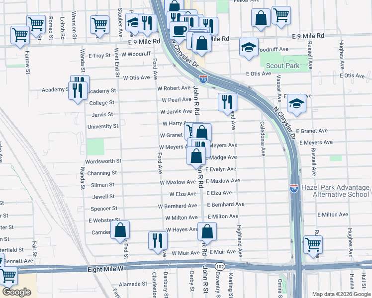 map of restaurants, bars, coffee shops, grocery stores, and more near 61 West Meyers Avenue in Hazel Park