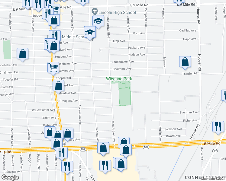 map of restaurants, bars, coffee shops, grocery stores, and more near 21490 Mac Arthur Boulevard in Warren
