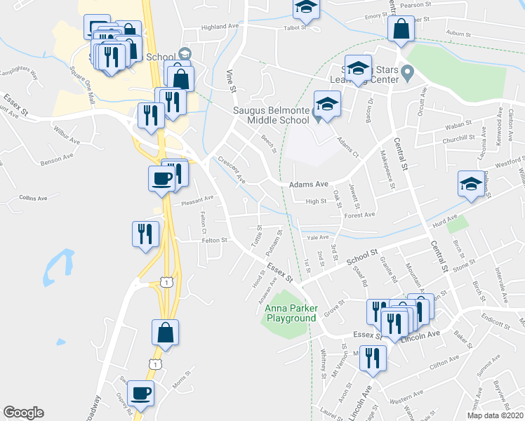 map of restaurants, bars, coffee shops, grocery stores, and more near 29 Tuttle Street in Saugus