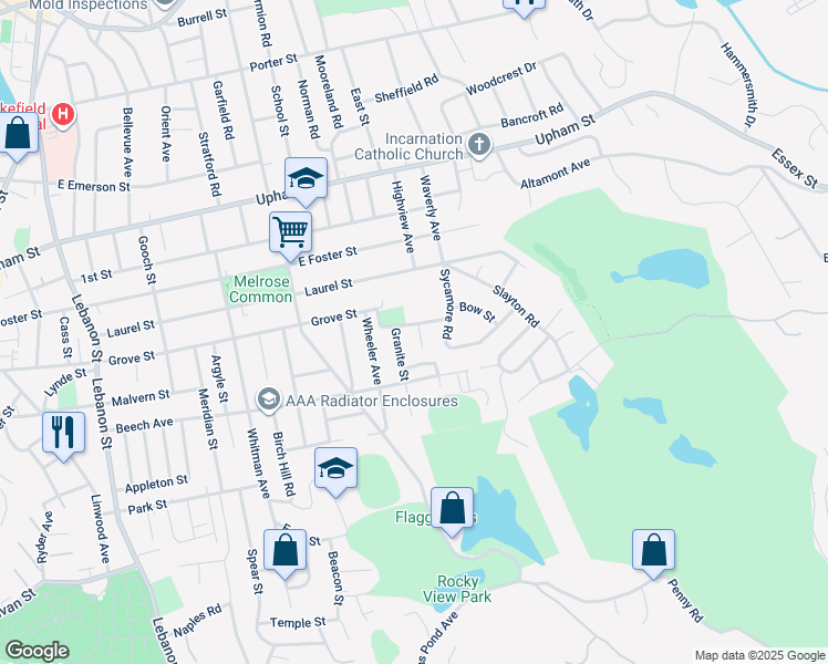 map of restaurants, bars, coffee shops, grocery stores, and more near 28 Hunnewell Street in Melrose
