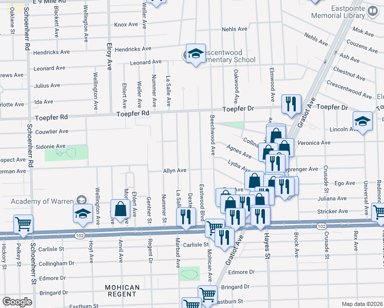 map of restaurants, bars, coffee shops, grocery stores, and more near 21160 Dexter Boulevard in Warren
