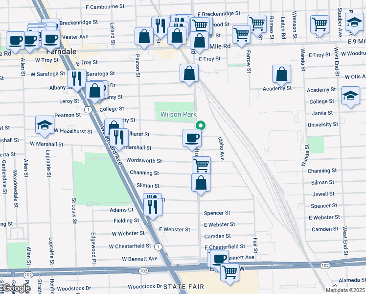 map of restaurants, bars, coffee shops, grocery stores, and more near 515 East Marshall Street in Ferndale
