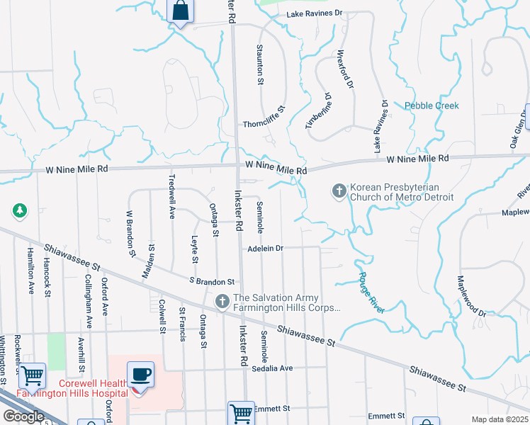 map of restaurants, bars, coffee shops, grocery stores, and more near 22164 Seminole in Southfield