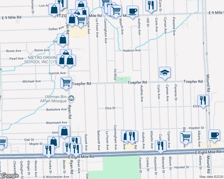 map of restaurants, bars, coffee shops, grocery stores, and more near 21621 Cunningham Avenue in Warren
