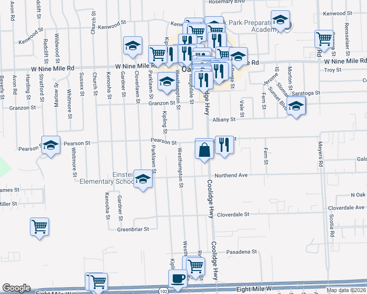 map of restaurants, bars, coffee shops, grocery stores, and more near 13741 Pearson Street in Oak Park