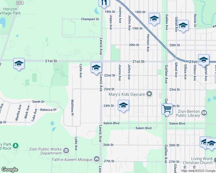 map of restaurants, bars, coffee shops, grocery stores, and more near 2216 Joppa Avenue in Zion