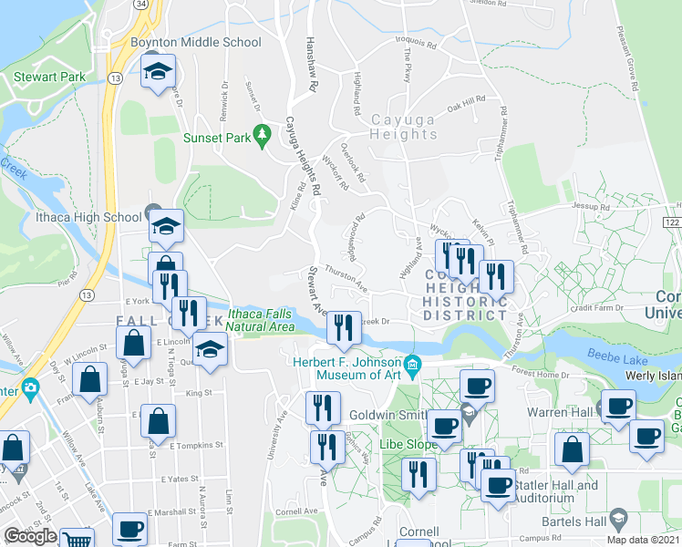 map of restaurants, bars, coffee shops, grocery stores, and more near 115 Thurston Avenue in Ithaca