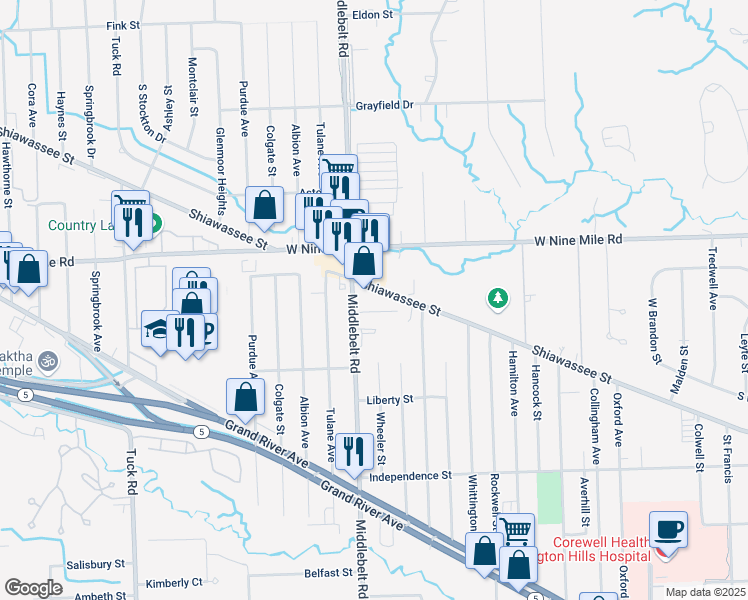 map of restaurants, bars, coffee shops, grocery stores, and more near 29341 Shiawassee Street in Farmington Hills
