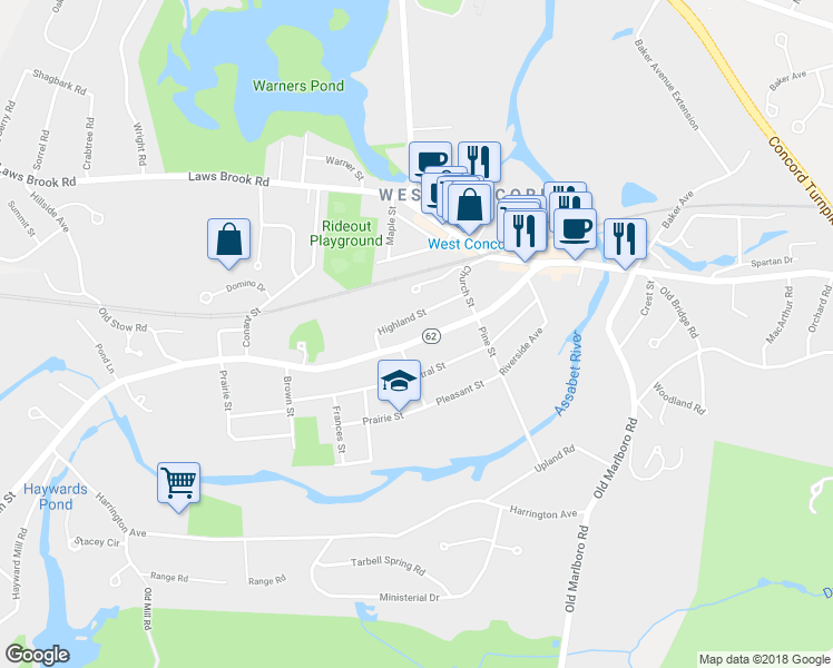 map of restaurants, bars, coffee shops, grocery stores, and more near 1378 Main Street in Concord