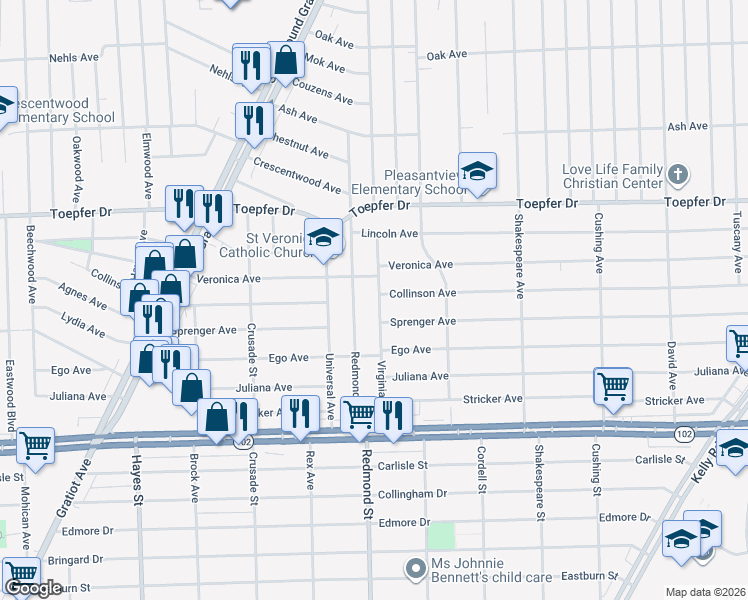 map of restaurants, bars, coffee shops, grocery stores, and more near 21123 Virginia Avenue in Eastpointe