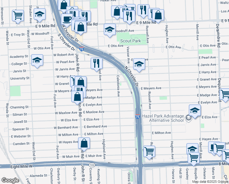 map of restaurants, bars, coffee shops, grocery stores, and more near 628 East Meyers Avenue in Hazel Park
