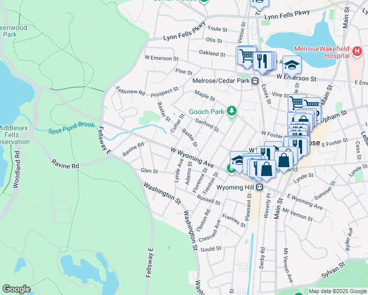 map of restaurants, bars, coffee shops, grocery stores, and more near 189 West Wyoming Avenue in Melrose