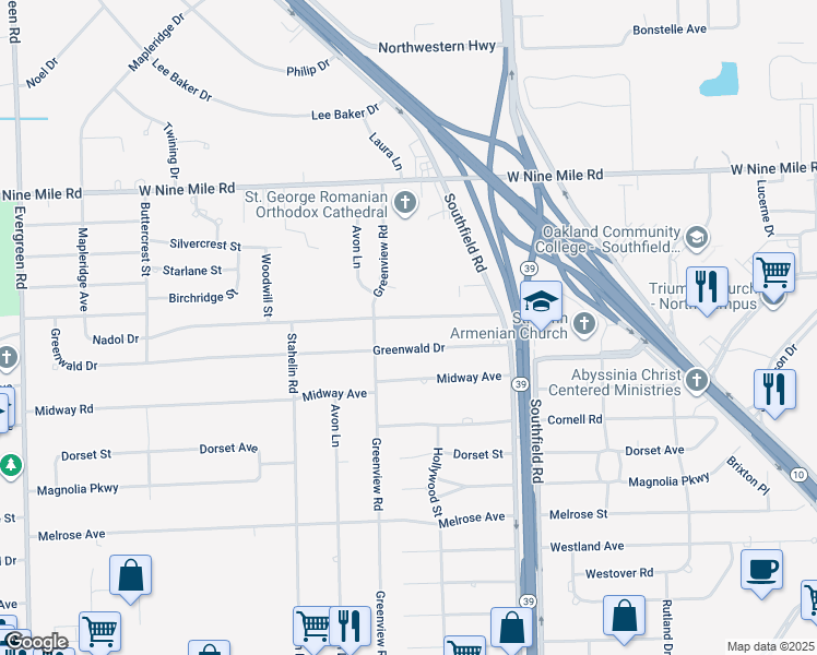 map of restaurants, bars, coffee shops, grocery stores, and more near 18441 Nadol Drive in Southfield