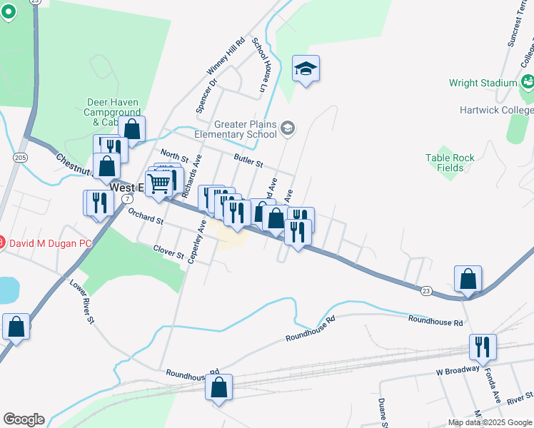 map of restaurants, bars, coffee shops, grocery stores, and more near 6 West End Avenue in Oneonta