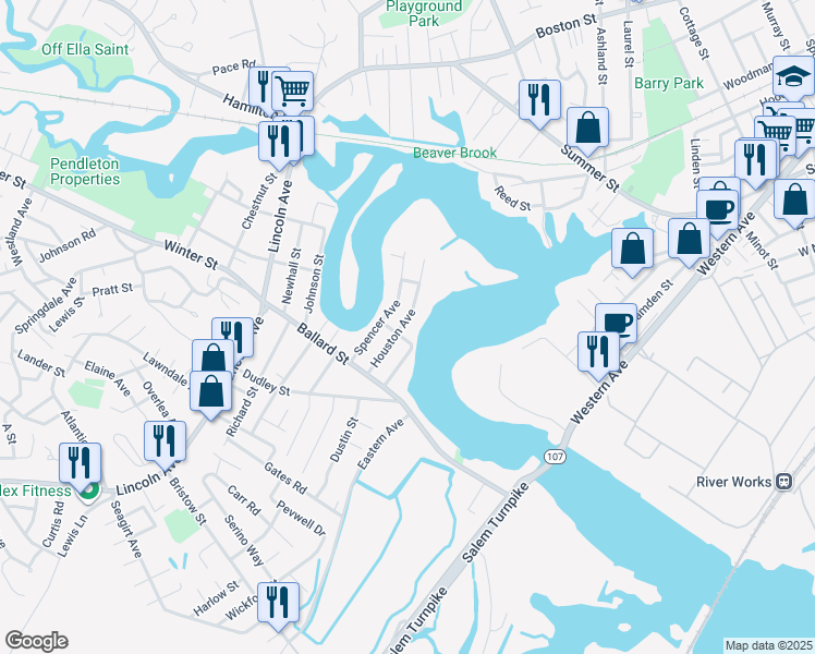 map of restaurants, bars, coffee shops, grocery stores, and more near 28 Houston Avenue in Saugus