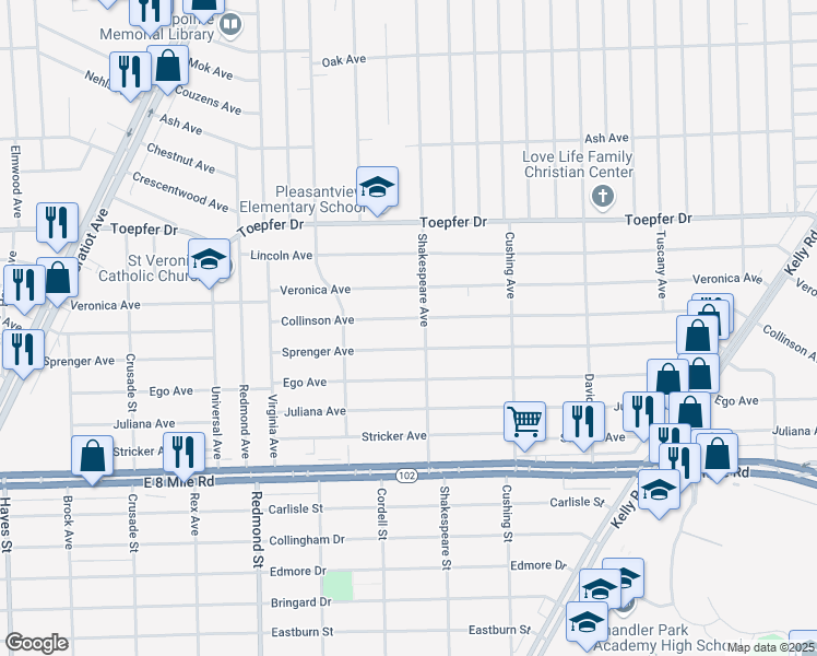 map of restaurants, bars, coffee shops, grocery stores, and more near 16524 Collinson Avenue in Eastpointe