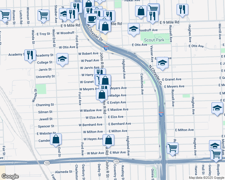 map of restaurants, bars, coffee shops, grocery stores, and more near 304 East Meyers Avenue in Hazel Park