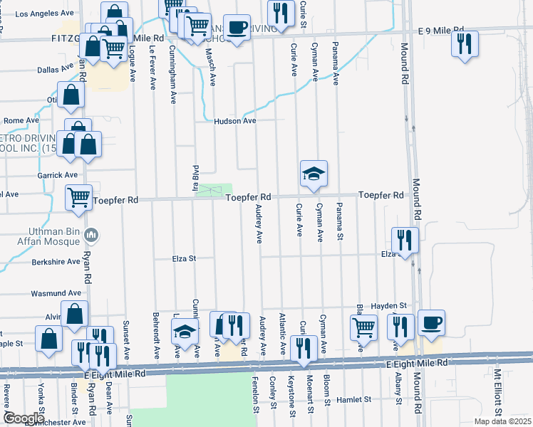 map of restaurants, bars, coffee shops, grocery stores, and more near 21564 Audrey Avenue in Warren
