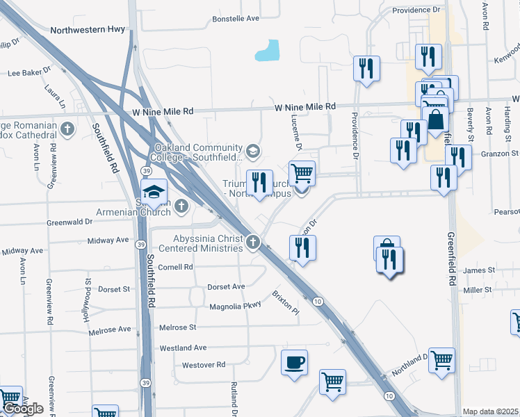 map of restaurants, bars, coffee shops, grocery stores, and more near 16500 North Park Drive in Southfield