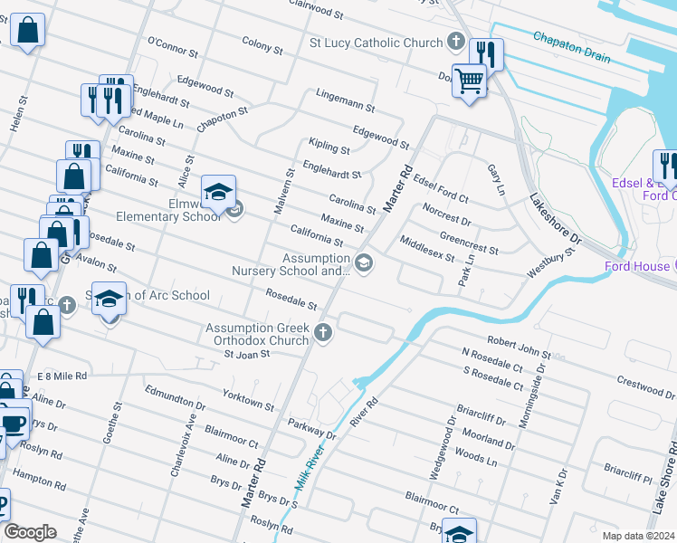 map of restaurants, bars, coffee shops, grocery stores, and more near 22131 Marter Road in St. Clair Shores