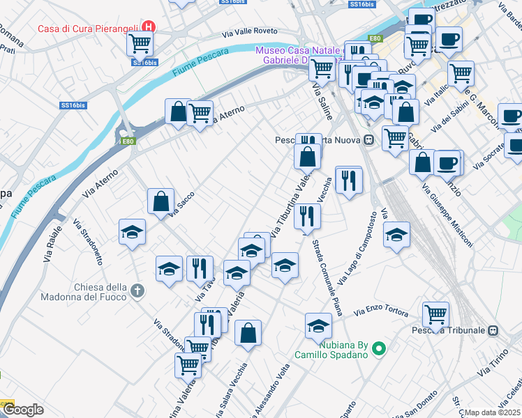 map of restaurants, bars, coffee shops, grocery stores, and more near 15 Via Vezzola in Pescara