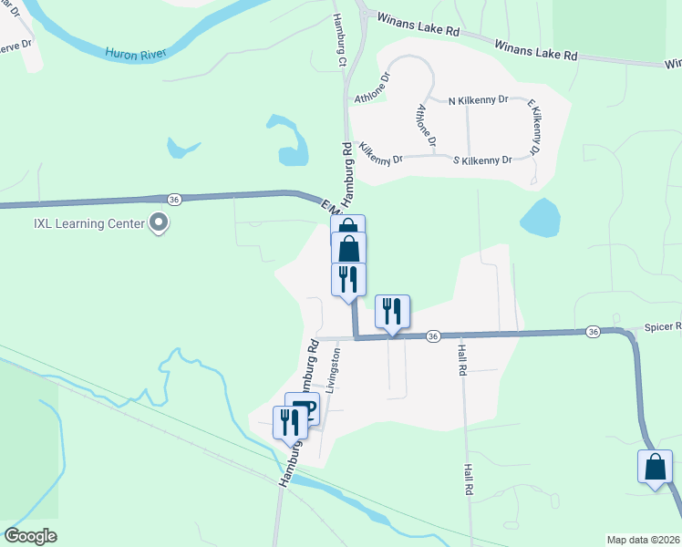 map of restaurants, bars, coffee shops, grocery stores, and more near 7500 Michigan 36 in Hamburg