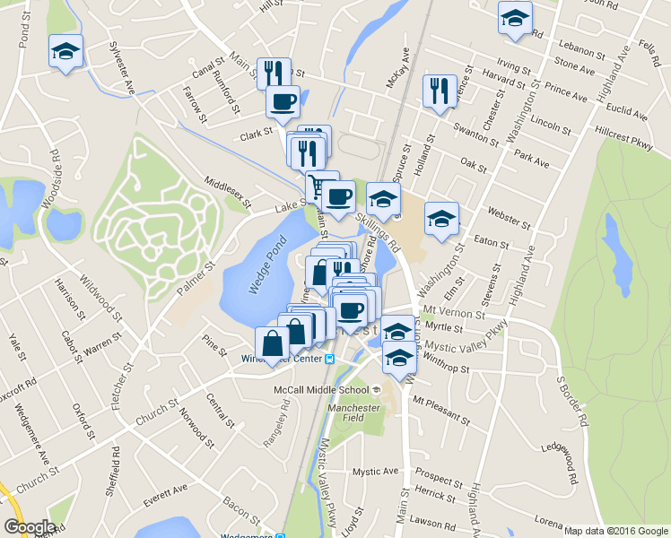 map of restaurants, bars, coffee shops, grocery stores, and more near 643 Main Street in Winchester
