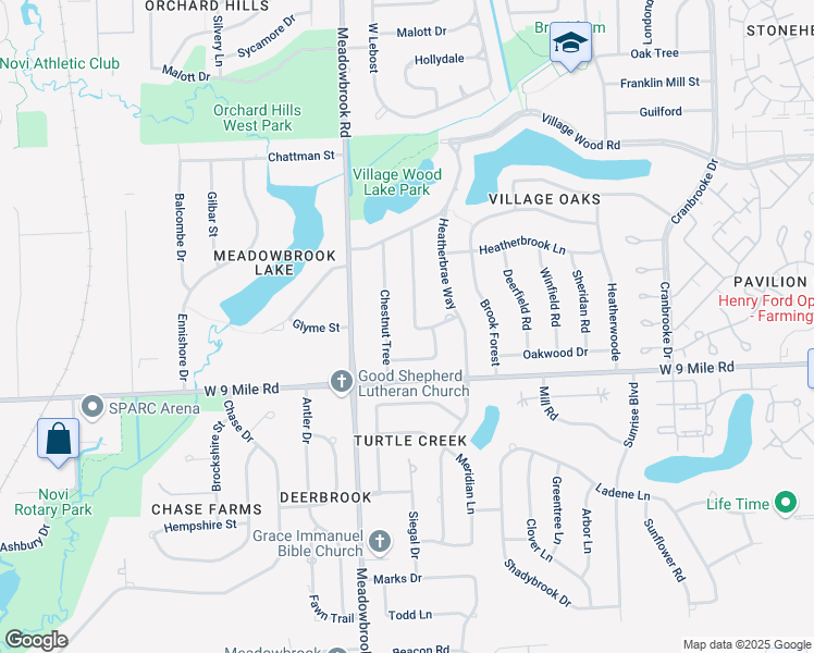 map of restaurants, bars, coffee shops, grocery stores, and more near 22617 Shadowpine Way in Novi