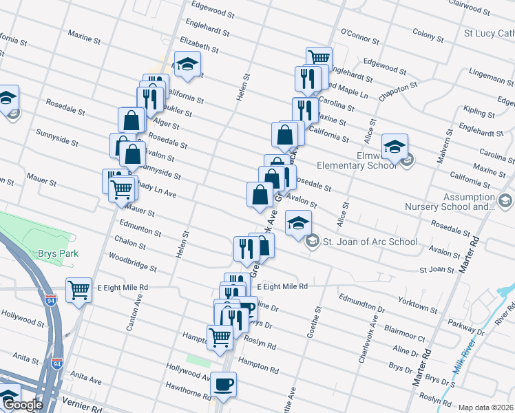 map of restaurants, bars, coffee shops, grocery stores, and more near 21731 Greater Mack Avenue in St. Clair Shores