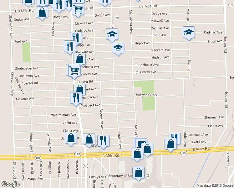 map of restaurants, bars, coffee shops, grocery stores, and more near 8403 Meadow Avenue in Warren