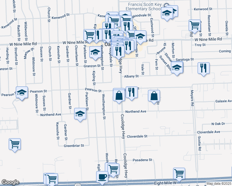 map of restaurants, bars, coffee shops, grocery stores, and more near 13631 Pearson Street in Oak Park