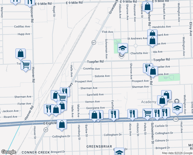 map of restaurants, bars, coffee shops, grocery stores, and more near 12740 Sidonie Avenue in Warren