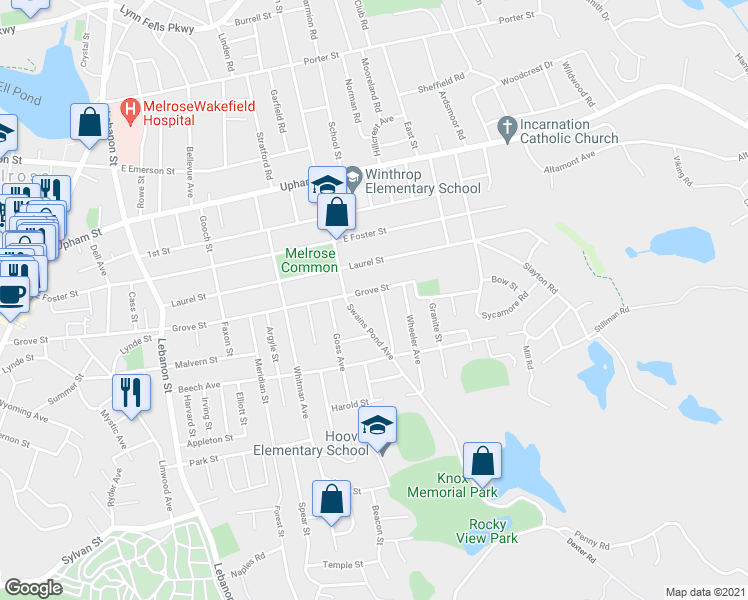 map of restaurants, bars, coffee shops, grocery stores, and more near 387 Grove Street in Melrose