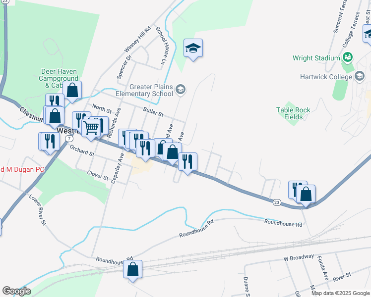 map of restaurants, bars, coffee shops, grocery stores, and more near 3 Moffatt Street in Oneonta