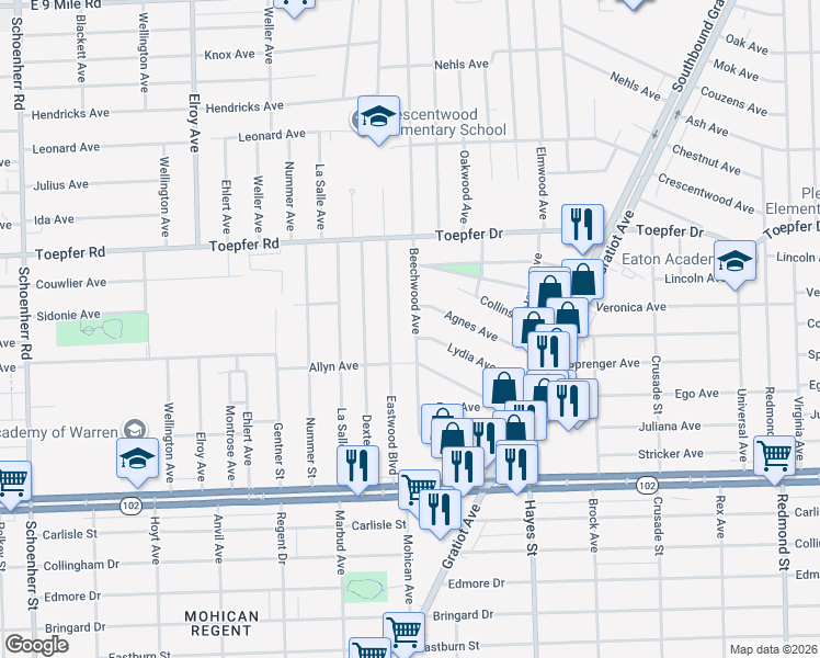 map of restaurants, bars, coffee shops, grocery stores, and more near 21221 Beechwood Avenue in Eastpointe