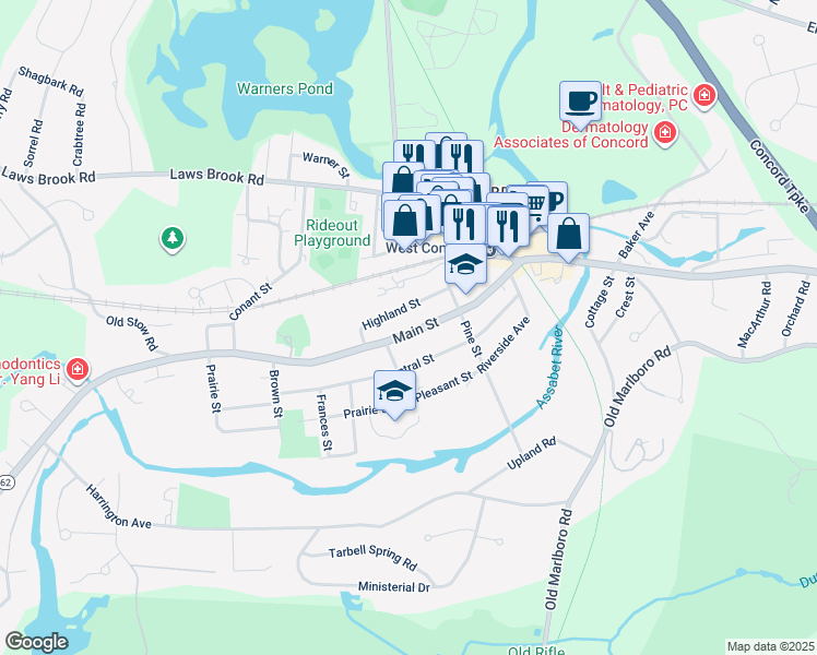map of restaurants, bars, coffee shops, grocery stores, and more near 1370 Main Street in Concord