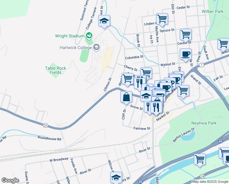 map of restaurants, bars, coffee shops, grocery stores, and more near 111 Chestnut St in Oneonta