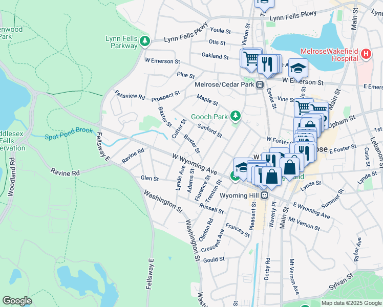 map of restaurants, bars, coffee shops, grocery stores, and more near 189 West Wyoming Avenue in Melrose
